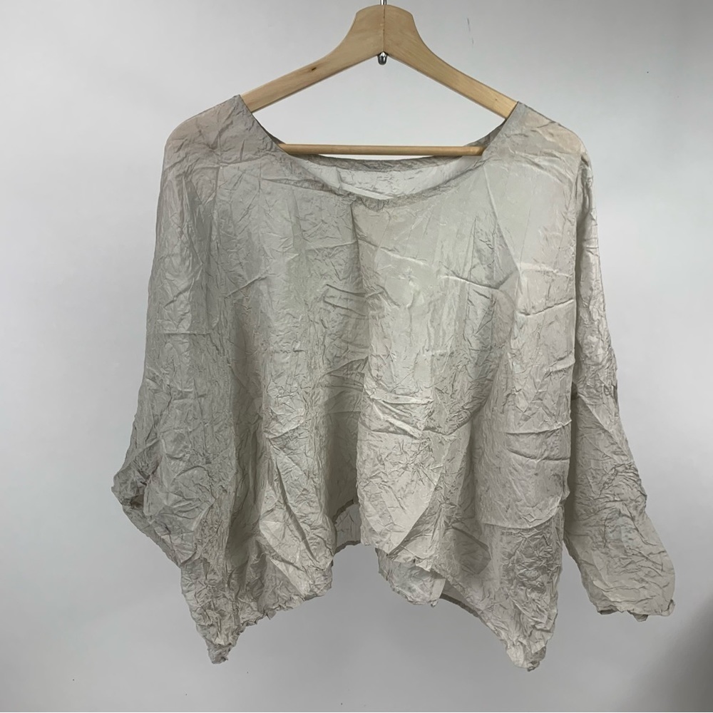Carol Lee Shanks Lagenlook Gray Wrinkle Loose Relaxed Crushed Silk Blouse